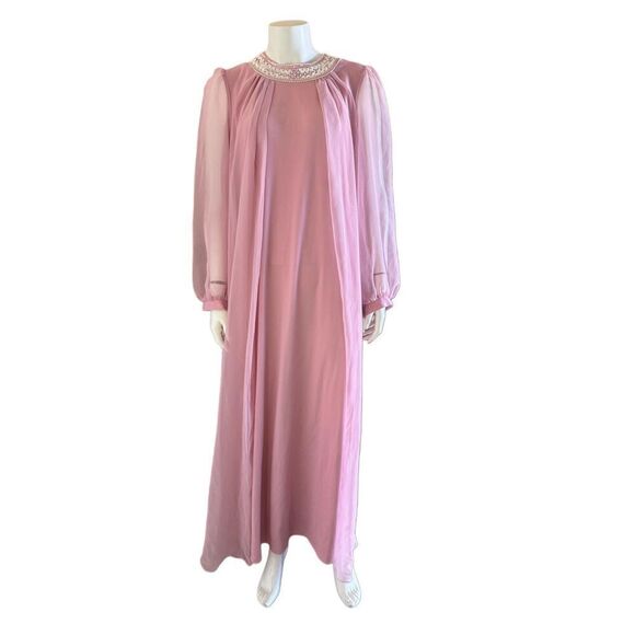 Vintage late 60s - 70s romantic hostess evening dress sequin high neck collar pa - Picture 1 of 8